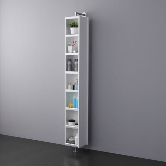 Drehbarer Hochschrank für Badezimmer mit Regale und Spiegel in gebürstetem weiß-Finish