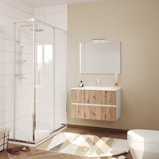Hängendes Badezimmerschrank 80cm weiß mit geriffelter Eichenfront