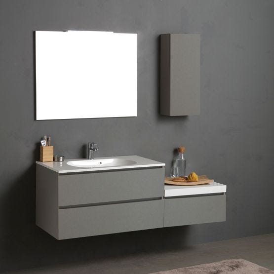 Badezimmerschrank 150cm in Perlgrau mit Spiegel und Hängeschrank