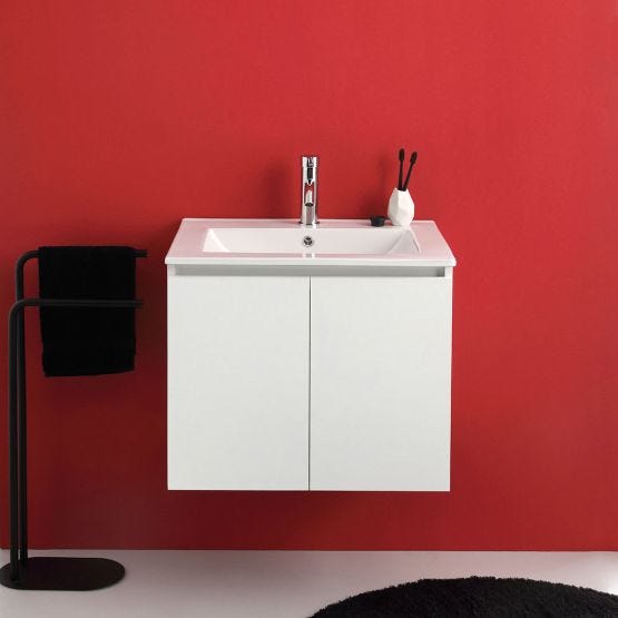 Hängender Badezimmerschrank 60 cm mit 2 Türen in Weiß Export und Waschbecken