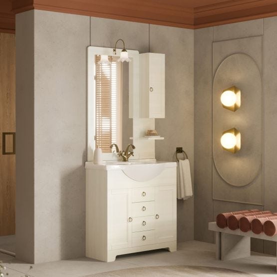 Badezimmerschrank stehend 85 cm Weiß im Shabby-Chic-Stil mit Spiegel und Hängeschrank