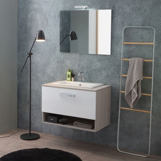 Mobile bagno 80cm rovere grigio e cassetto bianco con lavabo soprapiano