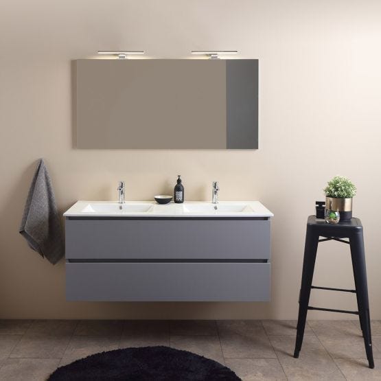 Wandhängender Badezimmerschrank mit 2 Schubladen, Doppelwaschbecken und Spiegel