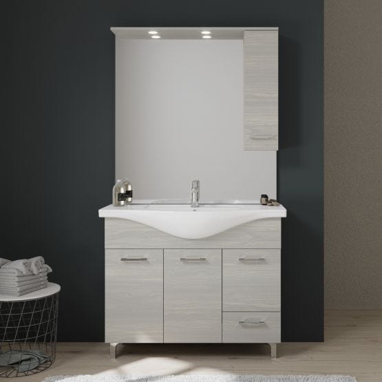 Badezimmerschrank auf dem Boden mit Waschtischtüren und Spiegel;
