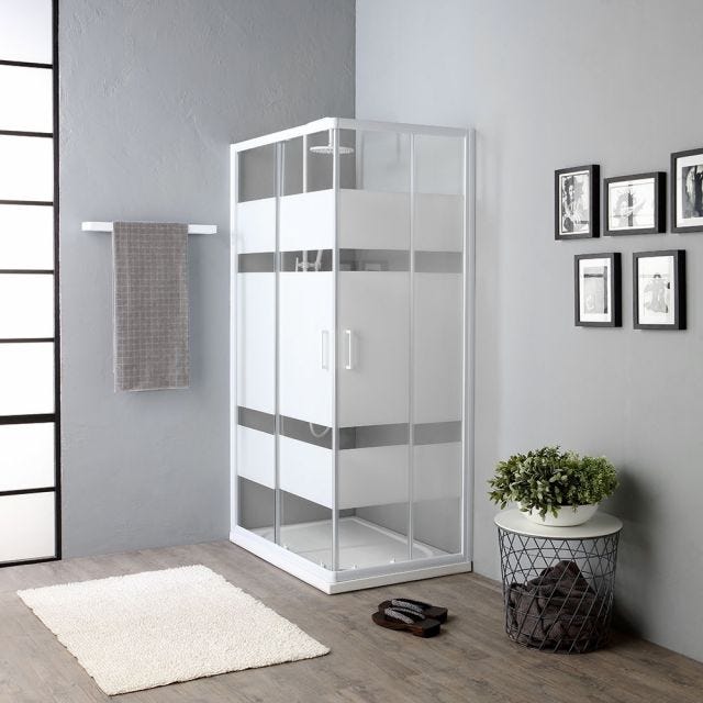 70X100CM DUSCHKABINE MIT ECKEINSTIEG,  WEISSER GLASDEKOR MIT QUERSTREIFEN | VENERE