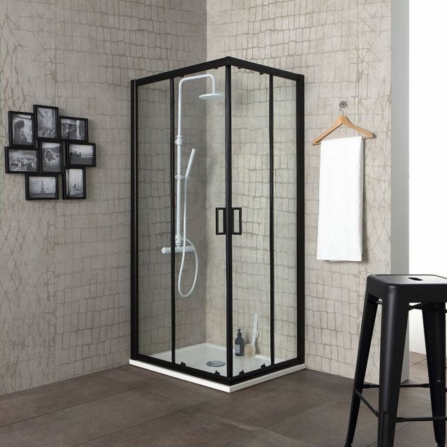 SCHWARZE ECKDUSCHE MIT SCHIEBETÜREN UND KLARGLAS 6 MM | CITY